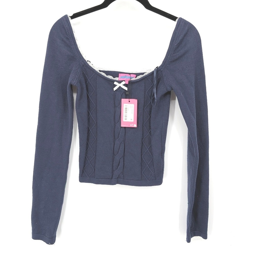 Edikted Cable Knit Top Women Small Navy Lace Trim Bow‎ Coquette Balletcore Y2K